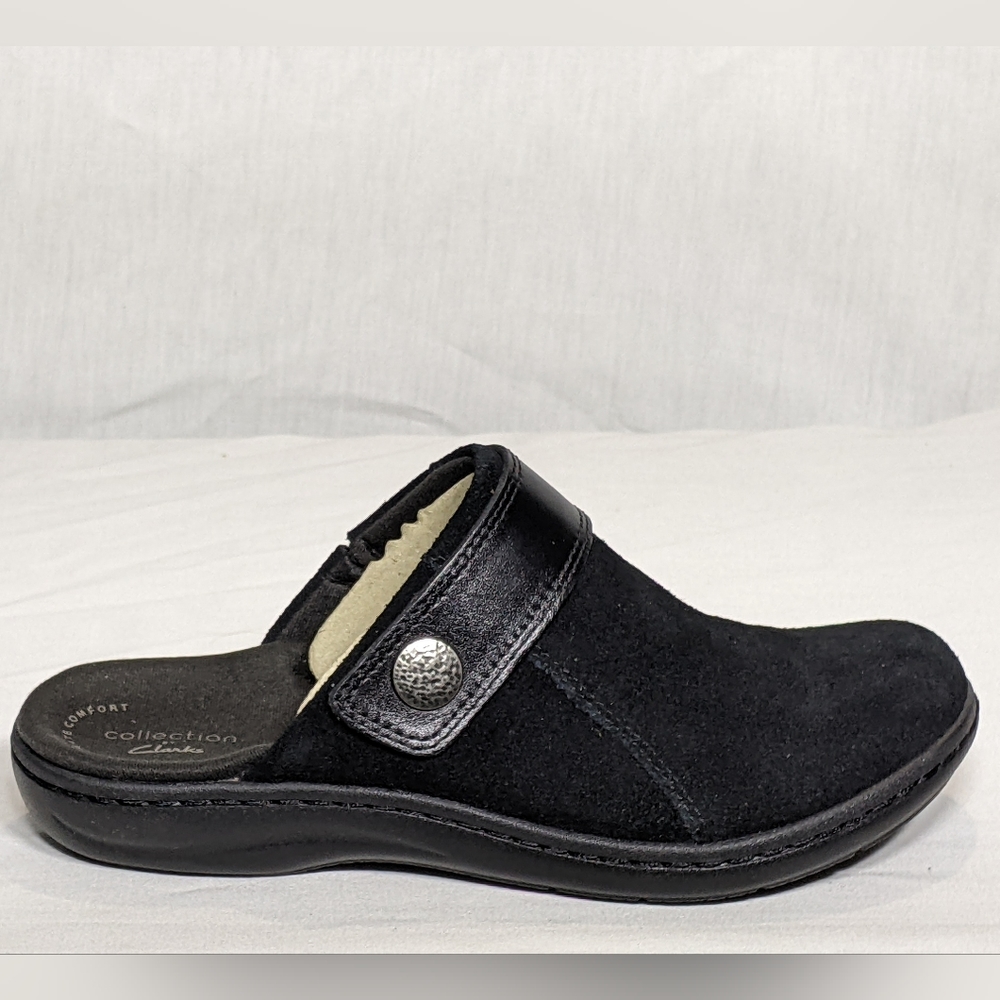 NEW Clarks Womens Suede Laurieann Strap Clog Sz 6.5 black